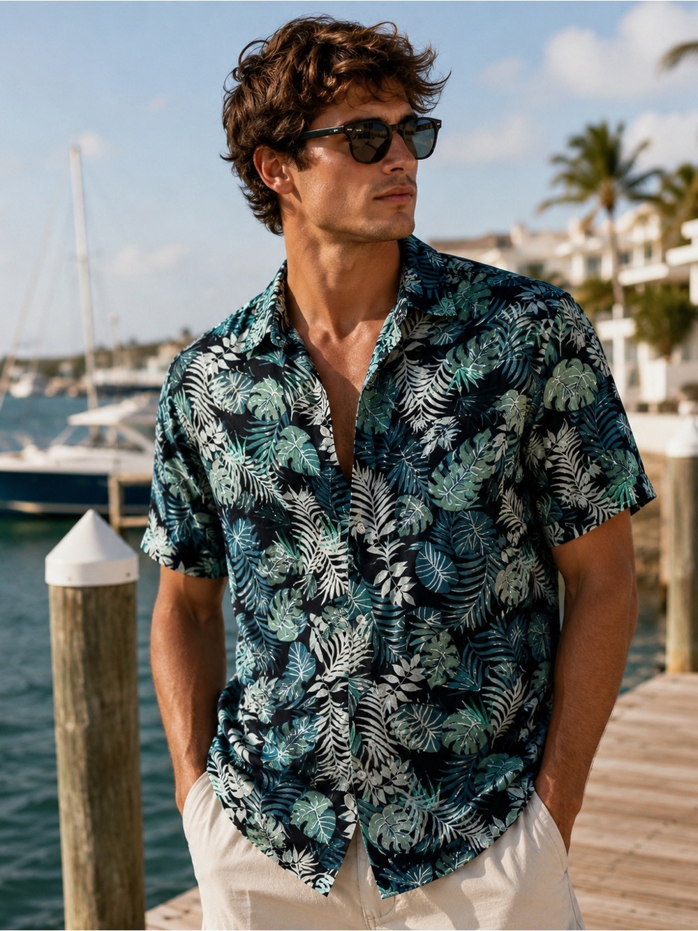 Men's Navy Tropical Leaf Short-Sleeve Button-Down Shirt